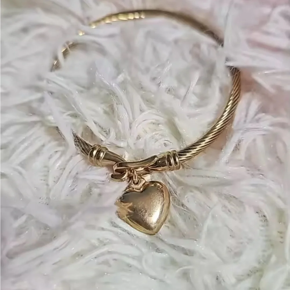 18k Gold Stainless Steel Heart Pendant Charm Bangle Bracelet